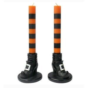Halloween Witch Leg Candlesticks Taper Set Orange Black Boots Sealed 8” NEW